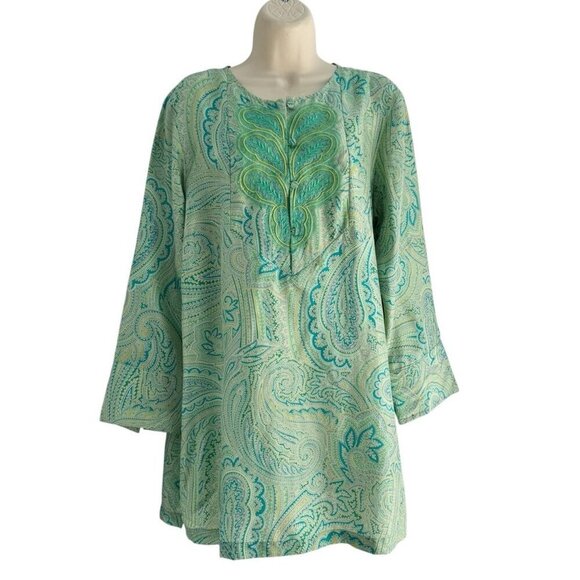 Coldwater Creek Woman's Sz L Green Turquoise Silk Embroidered Tunic Blouse - Picture 1 of 9